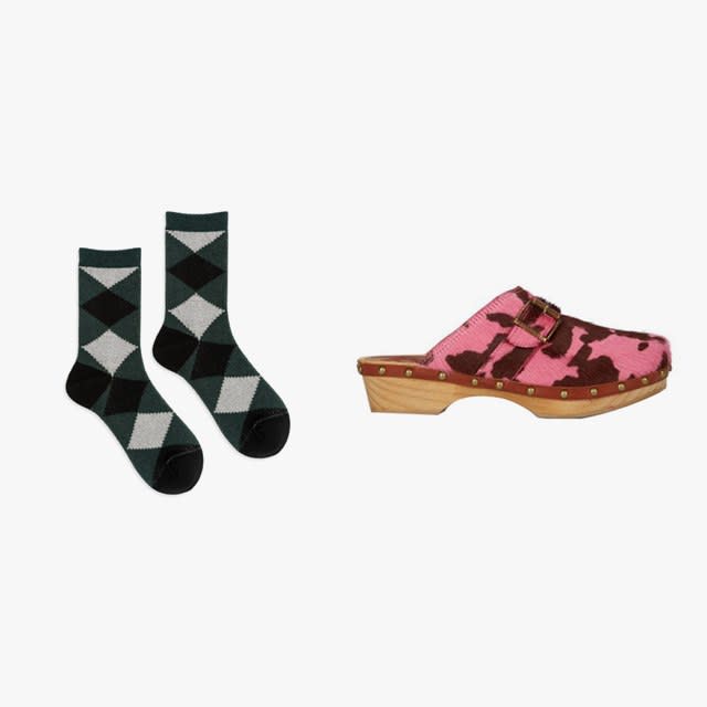 Hansel From Basel argyle crew socks, $15, hanselfrombasel.com; Penelope Chilvers Amelia Friesian clogs, $258, penelopechilvers.com