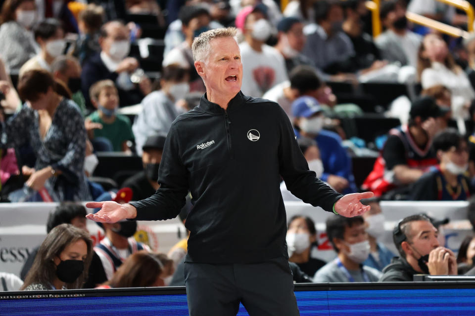 SAITAMA, JAPAN - OCTOBER 02: Steve Kerr head coach of the Golden State Warriors argues a call during the Washington Wizards v Golden State Warriors - NBA Japan Games at Saitama Super Arena on October 02, 2022 in Saitama, Japan.  NOTE TO USER: User expressly acknowledges and agrees that, by downloading and or using this Photograph, user is consenting to the terms and conditions of the Getty Images License Agreement.    (Photo by Takashi Aoyama/Getty Images)