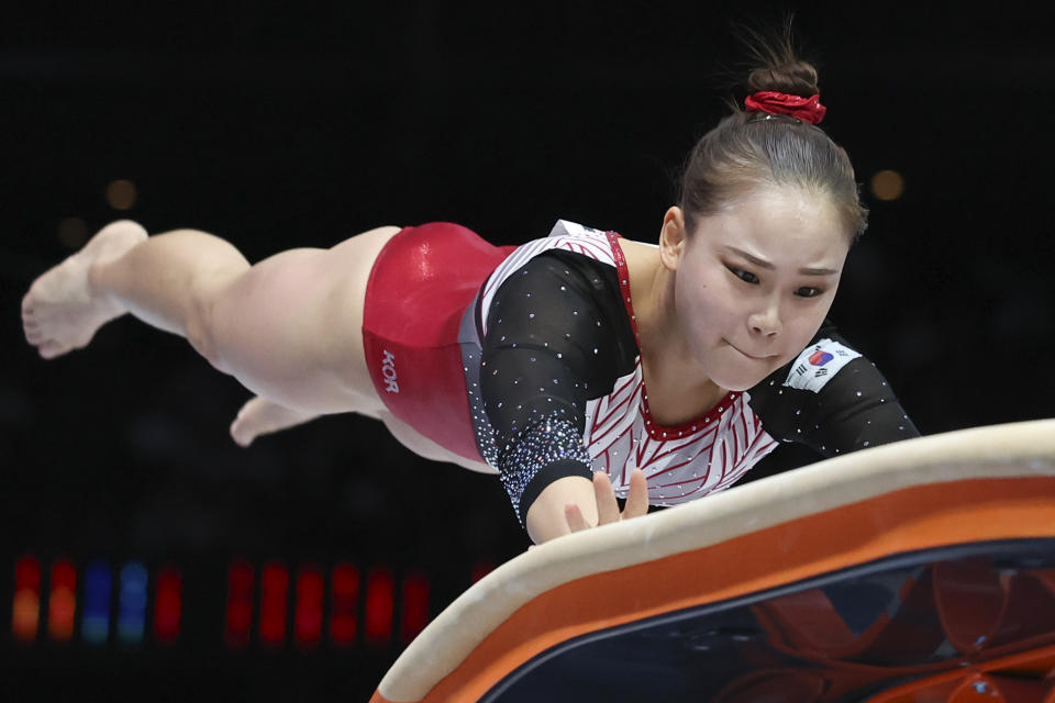 South Korea's Yeo Seojeong competes on the vault during the apparatus finals at the Artistic Gymnastics World Championships in Antwerp, Belgium, Saturday, Oct. 7, 2023. (AP Photo/Geert vanden Wijngaert)