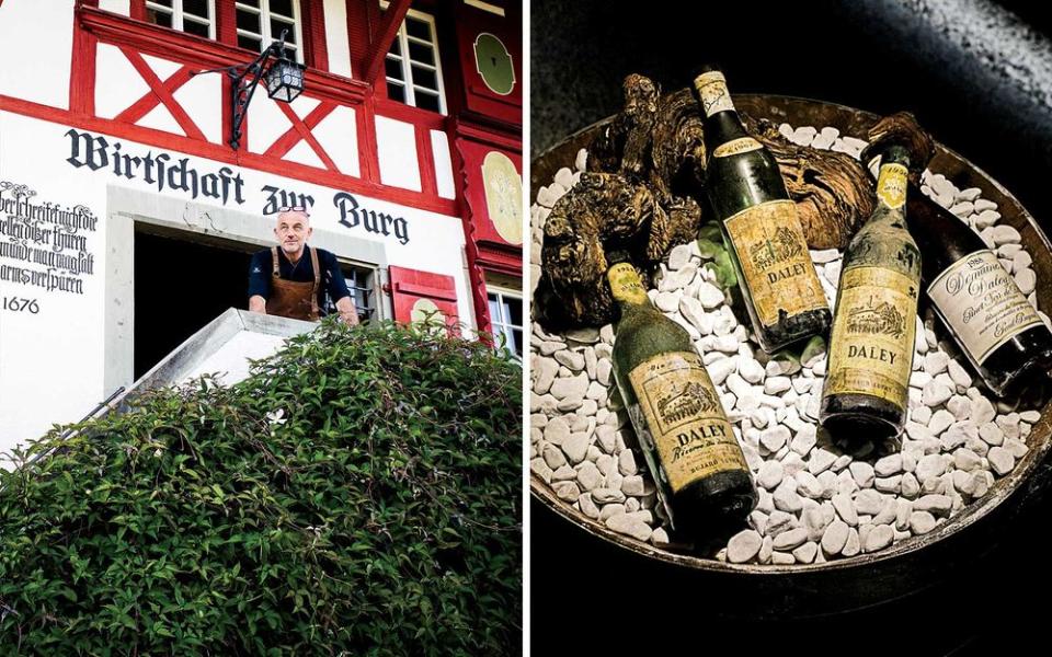 From left: Turi Thoma, chef at Wirtschaft zur Burg, a traditional farmhouse serving modern European cuisine on the outskirts of Zurich; bottles from Domaine du Daley, in the Vaud, which produces Chasselas and Pinot Noir.