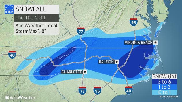 Portions of North Carolina will see up to 6 inches of snow from the winter storm that's hitting the state on Feb. 20, 2020.