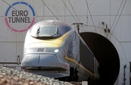 FILE PHOTO: A high-speed Eurostar train exits the Channel tunnel in Coquelles, near Calais, northern France, June 24, 2015. REUTERS/Christian Hartmann/File Photo