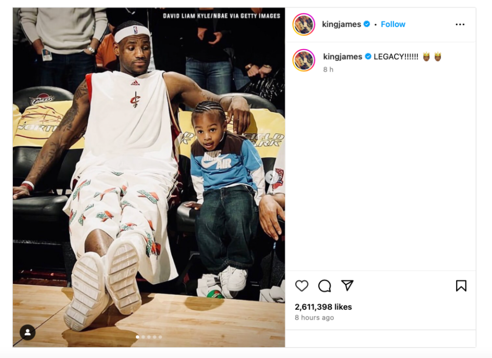 LeBron James posted on social media to congratulate his son on entering the NBA (Photo: LeBron James IG screenshot)