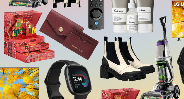 cyber monday deals collage with skincare, wallet, boots, fitbit, tv, vacuum, advent calendar