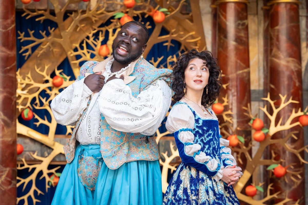Ekow Quartey and Amalia Vitale in Much Ado About Nothing at Shakespeare's Globe (Marc Brenner)
