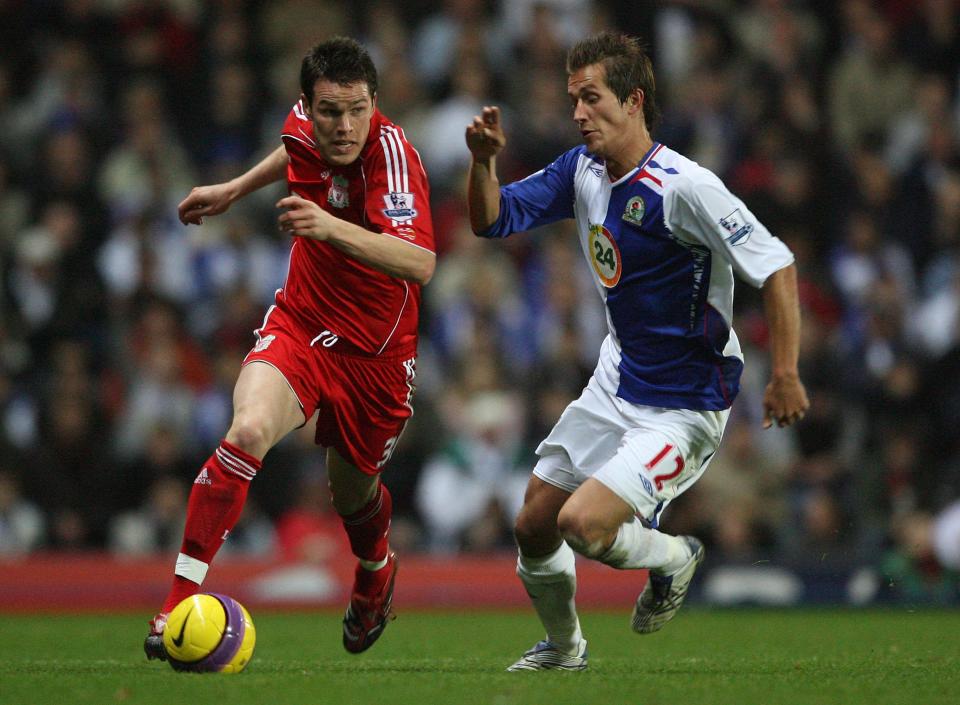 Blackburn Rovers Morten Gamst Pedersen and Liverpool's Steve Finnan  (Photo by Dave Howarth - PA Images via Getty Images)