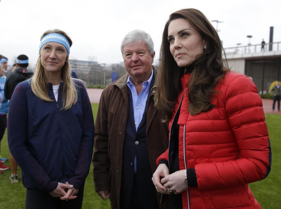 Britain's Kate Duchess of Cambridge, right and athlete Paula Radcliffe, left, look on, during a training event to promote the charity Heads Together, at the Queen Elizabeth II Park in London, Sunday, Feb. 5, 2017. (AP Photo/Alastair Grant, Pool)