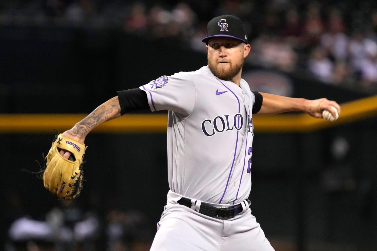 Colorado Rockies starting pitcher Kyle Freeland (21) throws against the Arizona Diamondbacks in the first inning at Chase Field in Phoenix on Sept. 5, 2023.