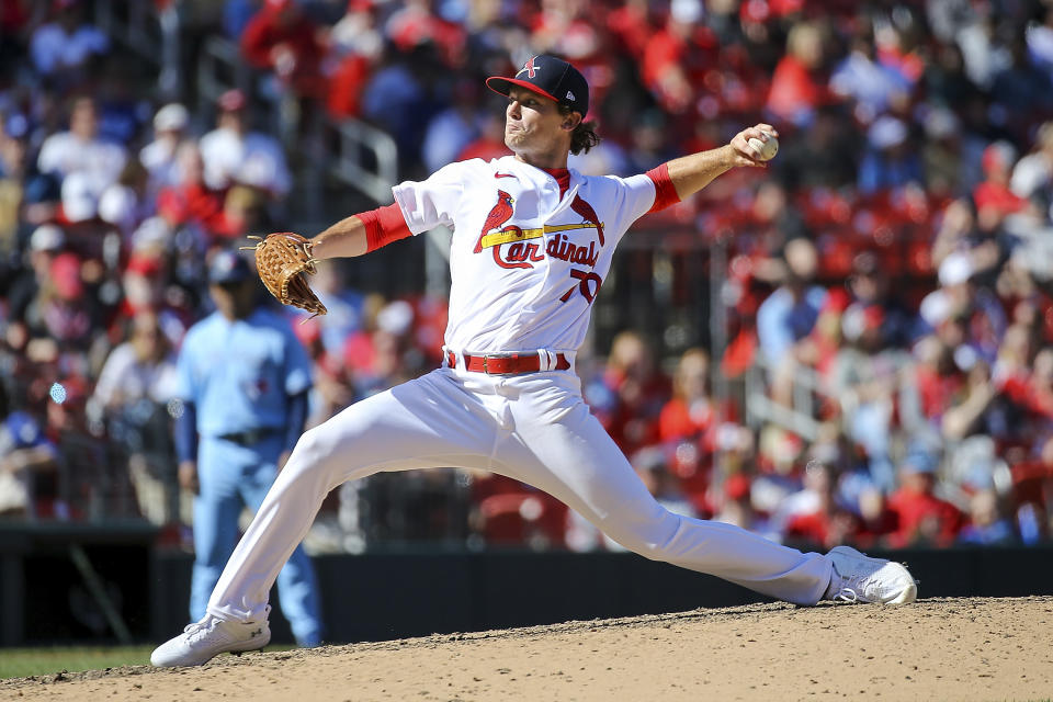 St. Louis Cardinals relief pitcher Packy Naughton throws during the ninth inning of a baseball game against the Toronto Blue Jays, Sunday, April 2, 2023, in St. Louis. (AP Photo/Scott Kane)