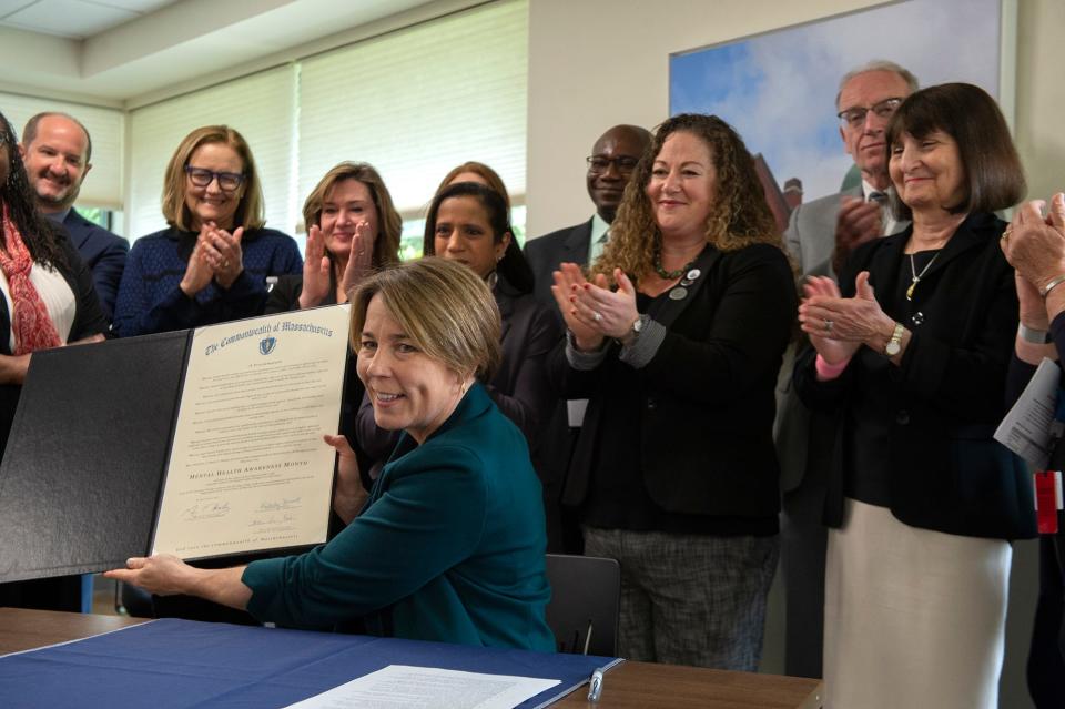 During a visit to Riverside Community Behavioral Health Center in Milford, Gov. Maura Healey signed a proclamation for Mental Health Awareness Month, May 9, 2023.