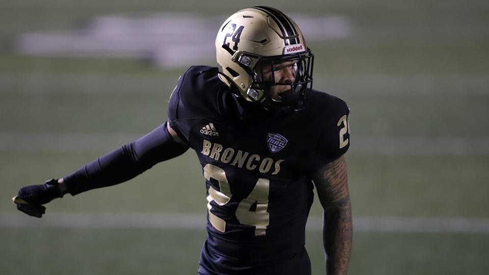 Western Michigan's Skyy Moore is shown during an NCAA football game on Wednesday, Nov. 11, 2020, in Kalamazoo, Mich. (AP Photo/Al Goldis)