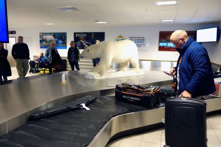 A stuffed polar bear is on display in the arrival hall of the airport of Longyearbyen, the main town on Spitsbergen Island, Norway, September 19, 2016. Picture taken September 19, 2016. REUTERS/Gwladys Fouche