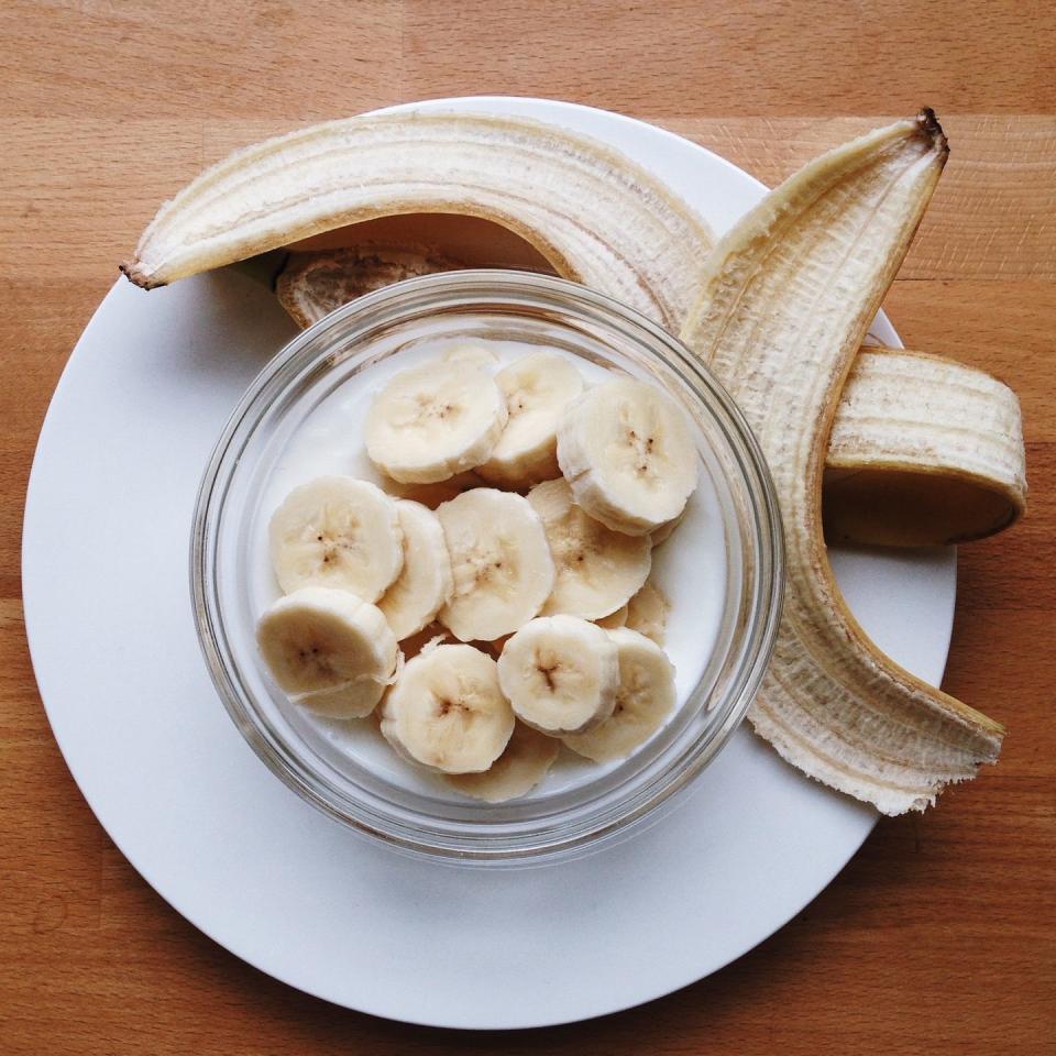 close up high angle view of banana slices in bowl