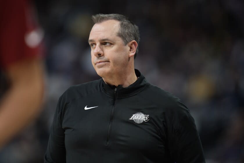 Los Angeles Lakers head coach Frank Vogel looks on in the first half.