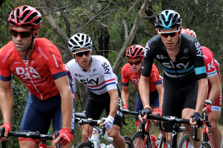 Britons Peter Kennaugh (2nd L) of Team Sky and teammate Luke Rowe (R) compete in the men's elite cycling Cadel Evans Great Ocean Road Race in Geelong on January 31, 2016