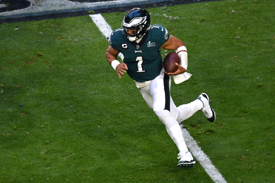 Jalen Hurts in Air Jordan 11 cleats. - Credit: ANGELA WEISS/AFP via Getty Images