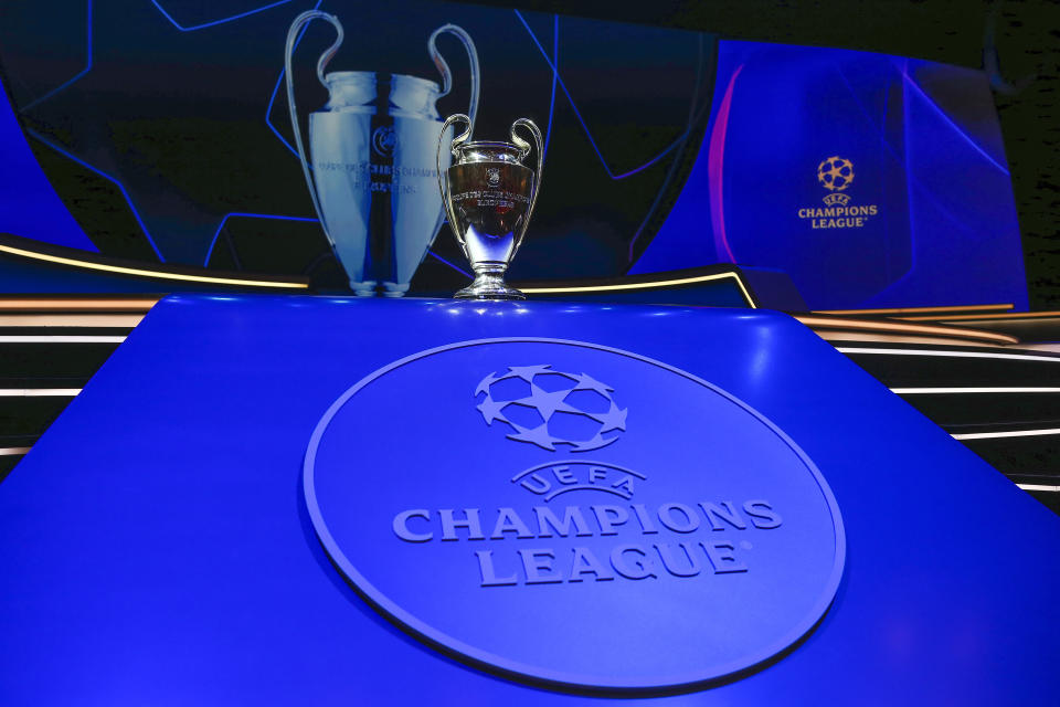 The trophy is placed on display for the photographers before the soccer Champions League draw in Istanbul, Turkey, Thursday, Aug. 25, 2022. (AP Photo/Emrah Gurel)
