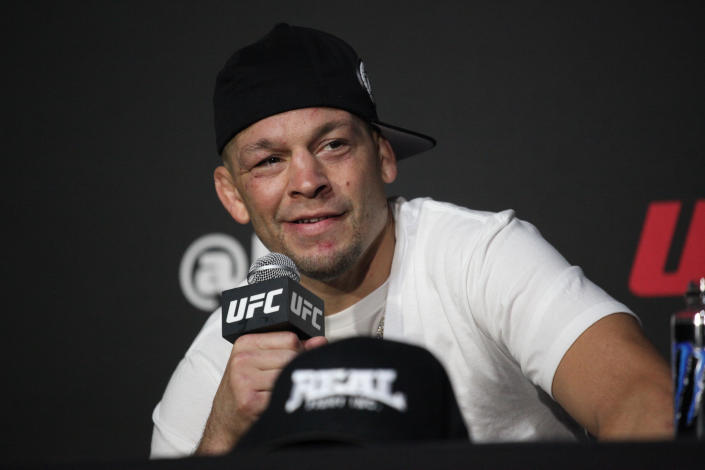 LAS VEGAS, NV - SEPTEMBER 10: Nate Diaz speaks to the media following their UFC 279 win on September 9, 2022, at the T-Mobile Arena in Las Vegas, NV. (Photo by Amy Kaplan/Icon Sportswire via Getty Images)