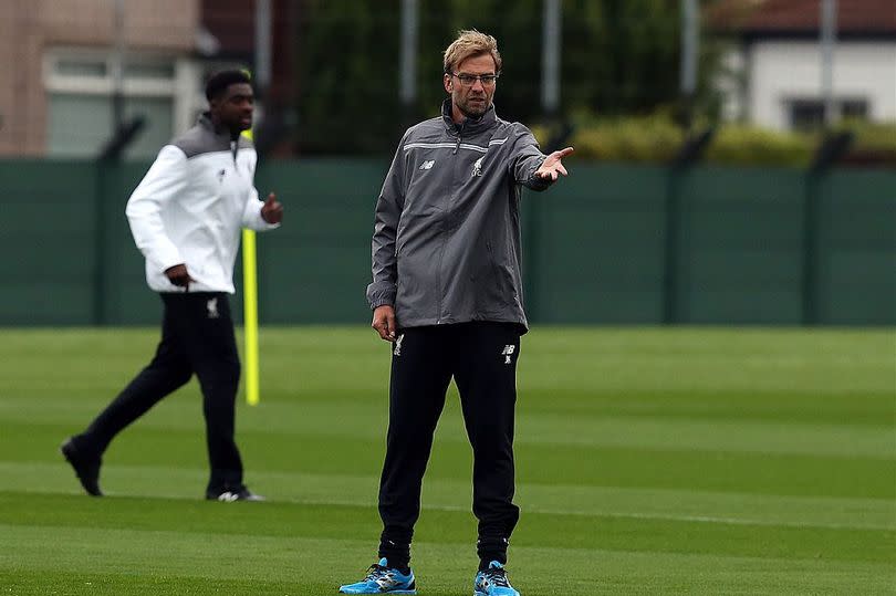 Liverpool manager Jurgen Klopp gestures during a Liverpool training session at Melwood Training Ground on October 21, 2015