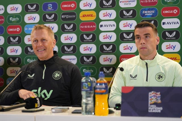 Republic of Ireland manager Heimir Hallgrimsson and Seamus Coleman sitting next to each other during a press conference