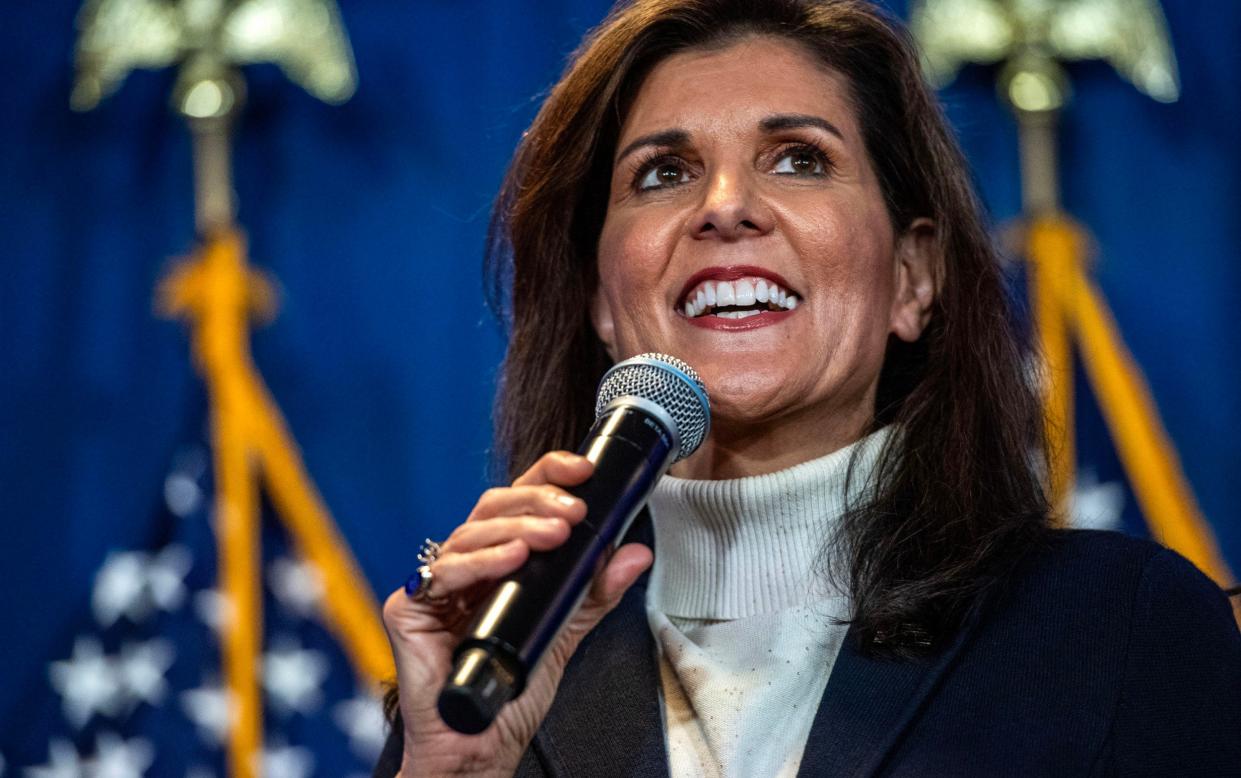 US Republican presidential hopeful and former UN Ambassador Nikki Haley speaks during a campaign rally in Portland, Maine, on March 3, 2024