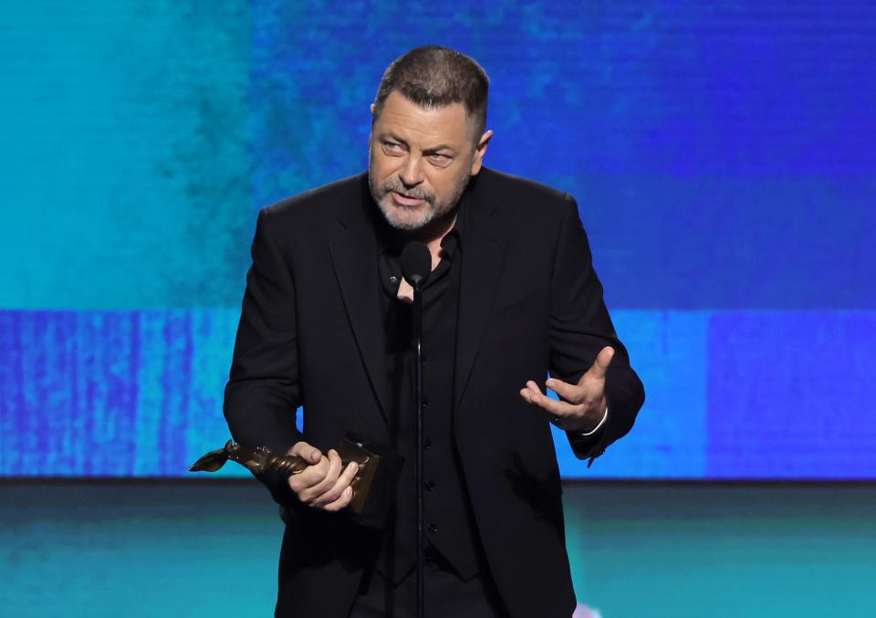Nick Offerman accepts the best supporting performance in a new scripted series award for "The Last of Us" onstage during the 2024 Film Independent Spirit Awards on Feb. 25, 2024, in Santa Monica, California.