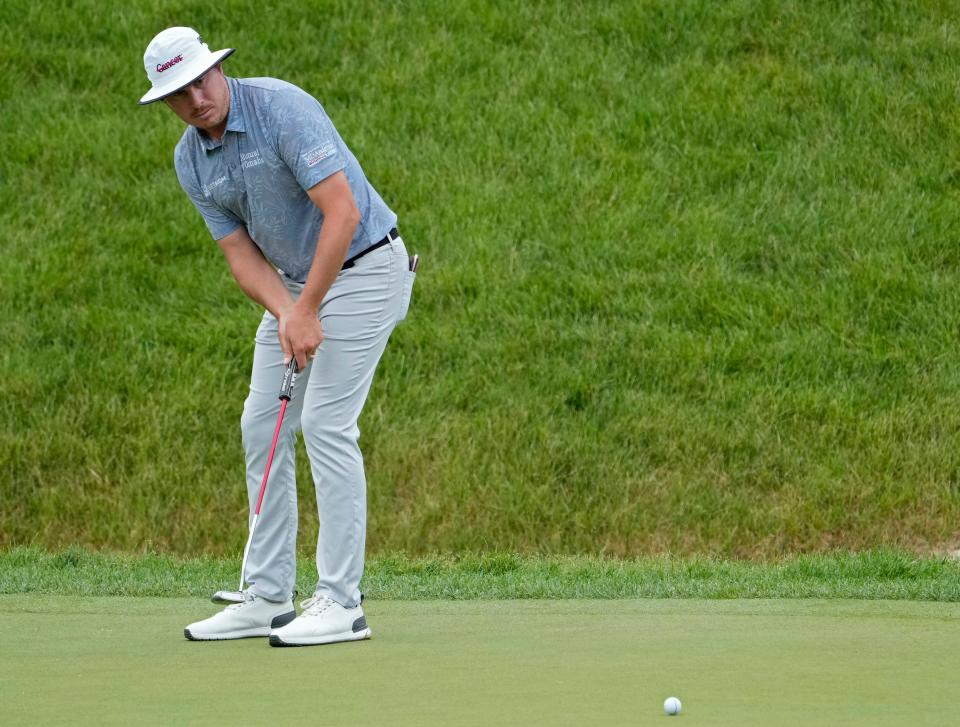 June 2, 2022; Dublin, Ohio, USA; Joel Dahmen putts on Hole 16 during the first round of the Memorial Tournament held at Muirfield Village Golf Club in Dublin, Ohio, on June 2, 2022. Mandatory Credit: Barbara J. Perenic/Columbus Dispatch