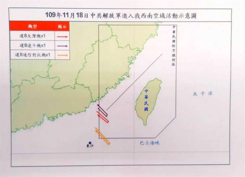 共機進入我西南防空識別區示意圖。（圖／國防部提供）