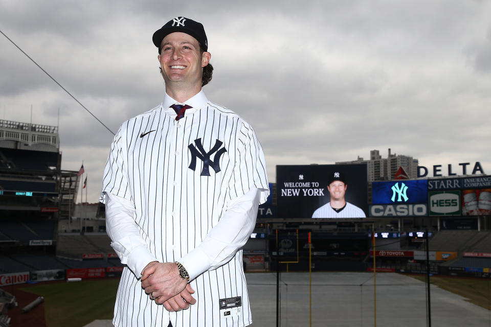 Gerrit Cole pose for a photo at Yankee Stadium 