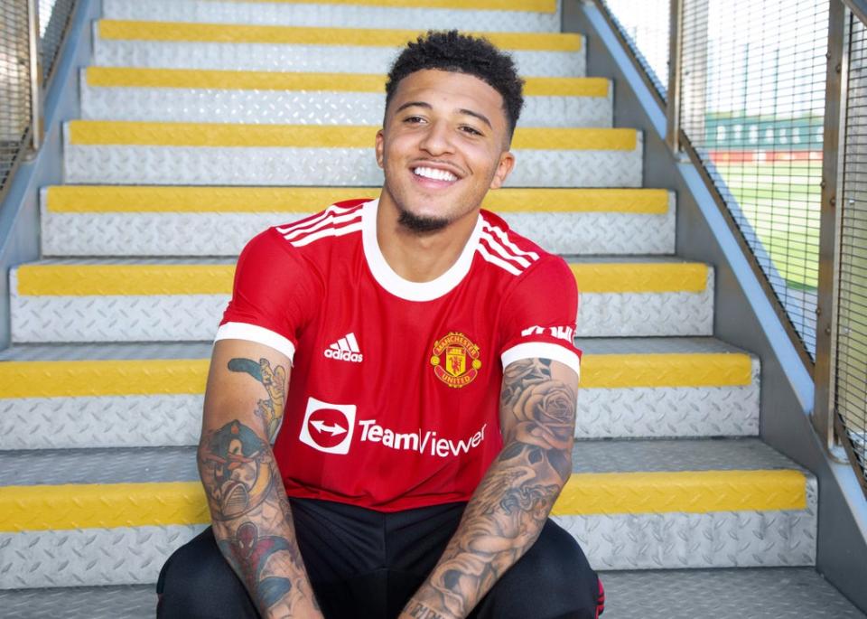 New signing  Jadon Sancho of Manchester United is unveiled at Carrington Training Ground (Getty)