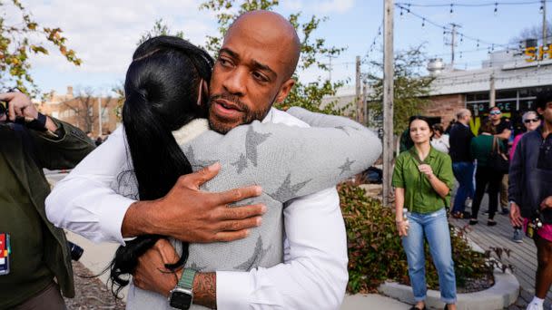 PHOTO: Wisconsin Democratic U.S. Senate candidate Mandela Barnes hugs a supporter after conceding to Republican U.S. Sen. Ron Johnson at a news conference in Milwaukee, Nov. 9, 2022. (Morry Gash/AP)