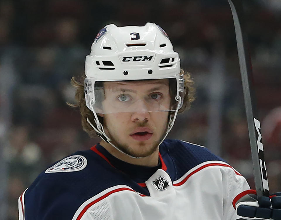 FILE - This Feb. 7, 2019, file photo shows Columbus Blue Jackets left wing Artemi Panarin (9) in the third period of an NHL hockey game against the Arizona Coyotes in Glendale, Ariz. The New York Rangers' rebuild just took a giant leap forward. Winger Artemi Panarin, the top free agent available this offseason, signed a seven-year, $81.5 million deal to join the Rangers, a person with knowledge of the signing told The Associated Press on condition of anonymity because the team didn't announce terms of the deal Monday, July 1, 2019. (AP Photo/Rick Scuteri, File)