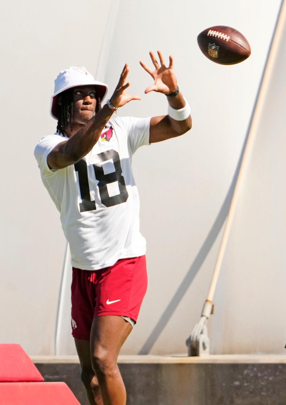 Arizona Cardinals wide receiver Marvin Harrison Jr. (18) during rookie mini-camp in Tempe on May 10, 2024.