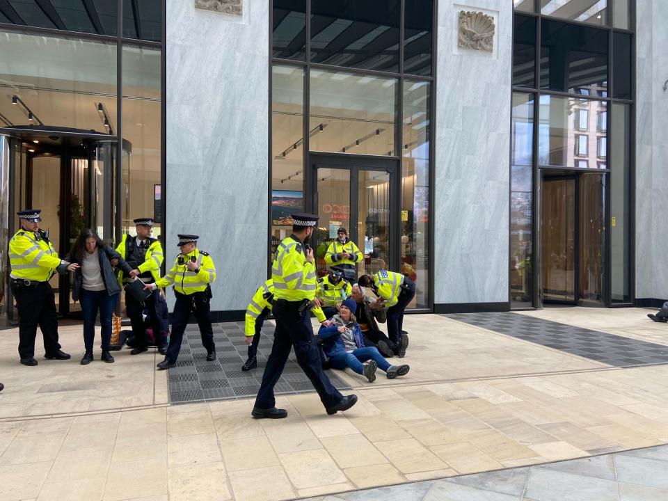 Extinction Rebellion protesters outside the Shell building (Saphora Smith / The Independent)
