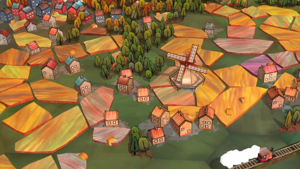 A countryside scene made of hexagonal tiles from the game Dorfromantik.