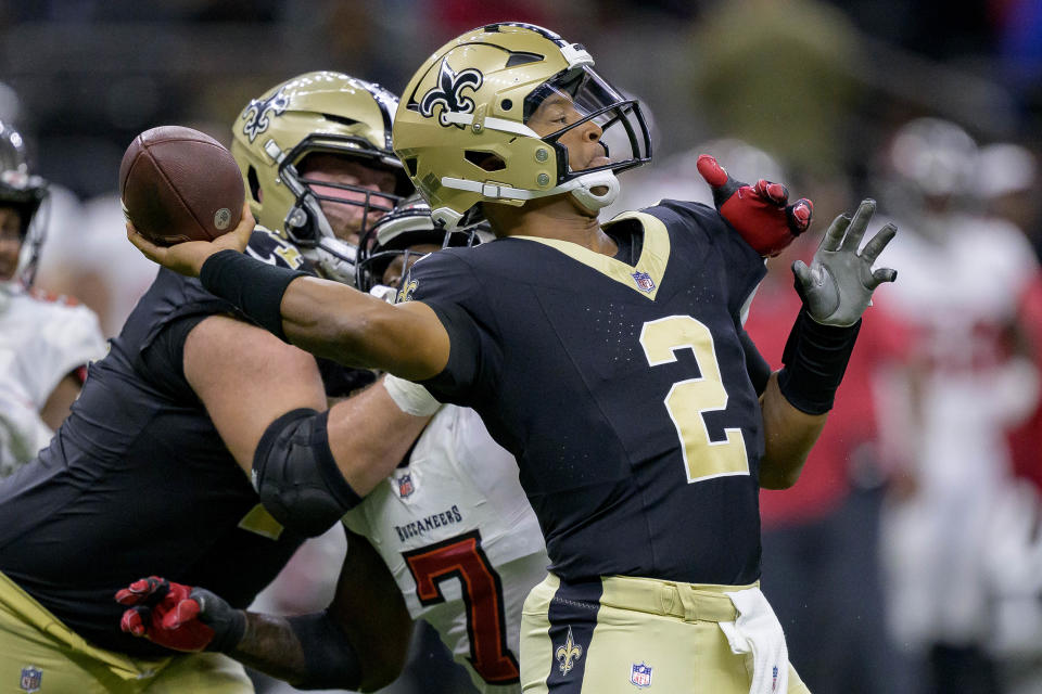 Oct 1, 2023; New Orleans, Louisiana, USA; New Orleans Saints quarterback <a class="link " href="https://sports.yahoo.com/nfl/players/28389" data-i13n="sec:content-canvas;subsec:anchor_text;elm:context_link" data-ylk="slk:Jameis Winston;sec:content-canvas;subsec:anchor_text;elm:context_link;itc:0">Jameis Winston</a> (2) is pressured by <a class="link " href="https://sports.yahoo.com/nfl/teams/tampa-bay/" data-i13n="sec:content-canvas;subsec:anchor_text;elm:context_link" data-ylk="slk:Tampa Bay Buccaneers;sec:content-canvas;subsec:anchor_text;elm:context_link;itc:0">Tampa Bay Buccaneers</a> linebacker <a class="link " href="https://sports.yahoo.com/nfl/players/27820" data-i13n="sec:content-canvas;subsec:anchor_text;elm:context_link" data-ylk="slk:Shaquil Barrett;sec:content-canvas;subsec:anchor_text;elm:context_link;itc:0">Shaquil Barrett</a> (7) resulting in an interception by Tampa Bay during the fourth quarter at the Caesars Superdome. Mandatory Credit: Matthew Hinton-USA TODAY Sports
