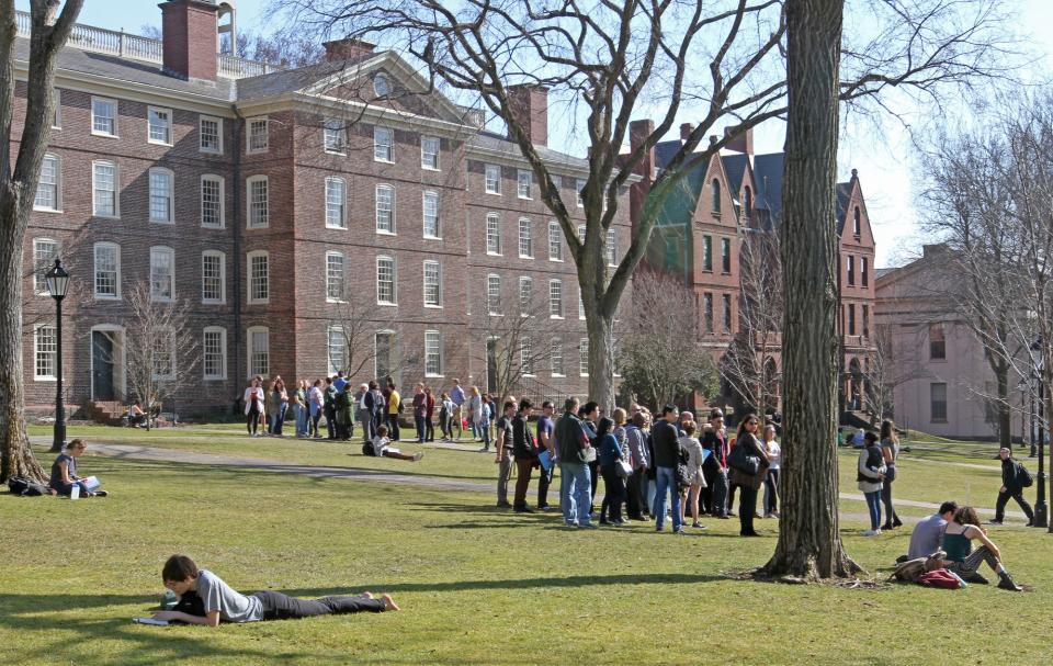 Students congregate on the Brown University campus in 2018.