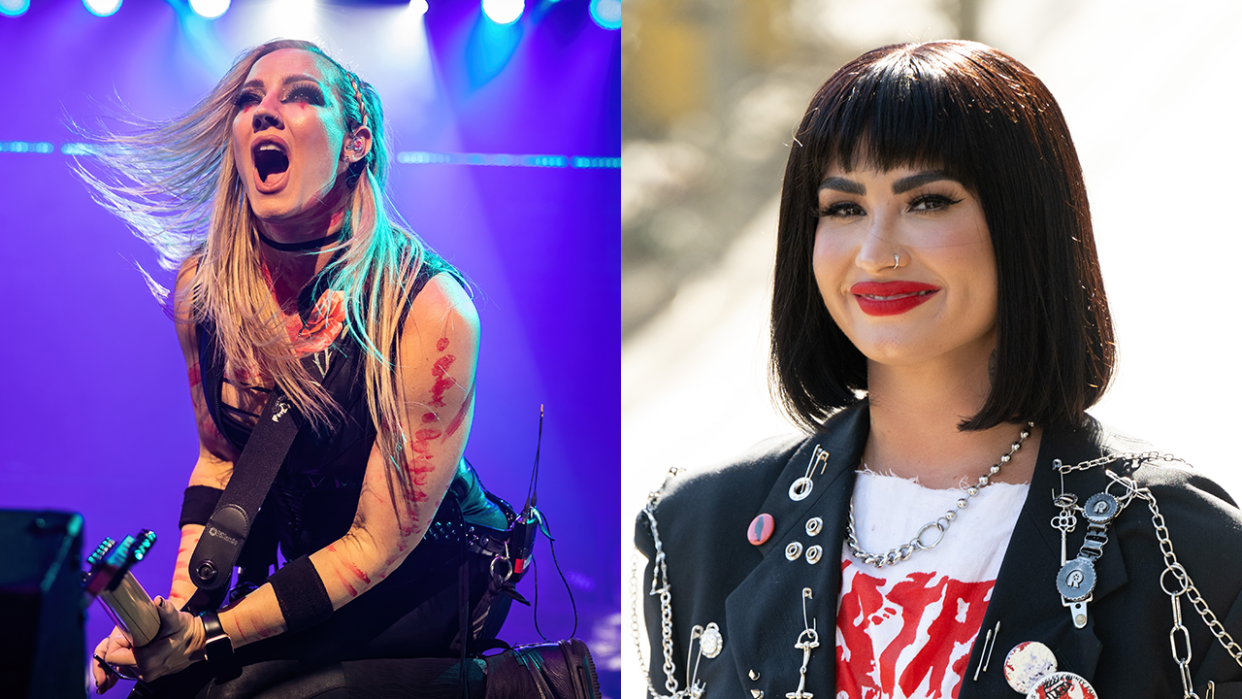  Nita Strauss on stage with her guitar next to an image of Demi Lovato smiling  