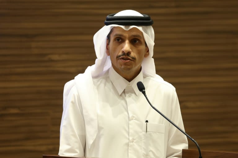 Mohamed bin Abdulrahman Al Thani, primer ministro de Catar, durante una rueda de prensa que dio con el presidente español, Pedro Sánchez, el 3 de abril de 2024 en Doha (Karim Jaafar)