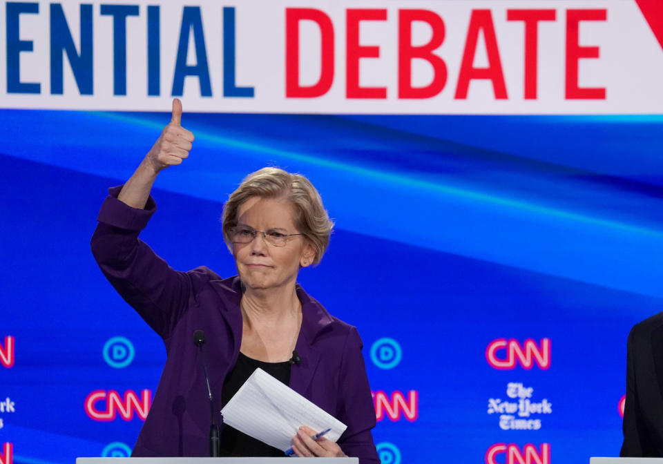 Democratic presidential candidate Senator Elizabeth Warren gives a thumbs up to someone in the audience during a break in the fourth U.S. Democratic presidential candidates 2020 election debate in Westerville, Ohio, U.S., October 15, 2019. REUTERS/Shannon Stapleton     TPX IMAGES OF THE DAY