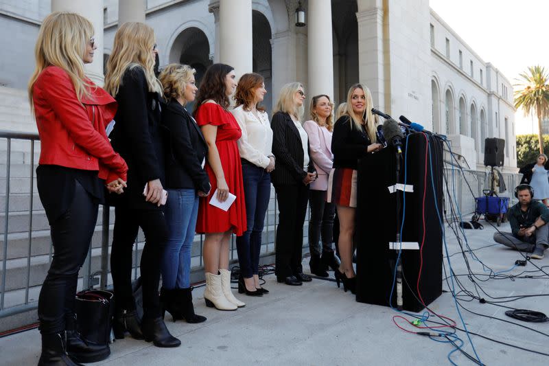 Jessica Barth speaks with The Silence Breakers, a group of women who spoke out about Harvey Weinstein's sexual misconduct, during a press conference outside Los Angeles City Hall following the verdict in New York of the Harvey Weinstein trial