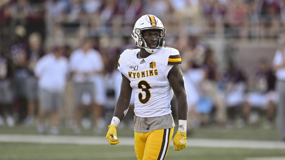 Wyoming's Alijah Halliburton runs during an NCAA football game against Texas State on Saturday, Sept. 7, 2019 in San Marcos, Texas. Wyoming won 23-14. (AP Photo/Darren Abate)