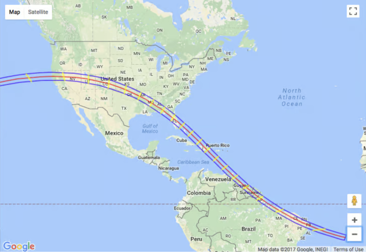 The path of totality for the Aug. 12, 2045, total solar eclipse. (NASA/Google)