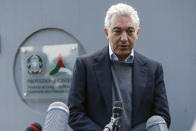 FILE - In this Tuesday, March 24, 2020, Domenico Arcuri, the Italian special commissioner for Covid-19, meets the media outside the Civil Protection headquarters in Rome. Italy’s virus reopening phase was supposed to have been accompanied by a series of measures to limit infections in the onetime European epicenter of the pandemic: the distribution of millions of cheap surgical masks to pharmacies and tobacco shops nationwide, a pilot project of 150,000 antibody tests and, eventually, the roll-out of a contact-tracing app. (Cecilia Fabiano/LaPresse via AP, File)