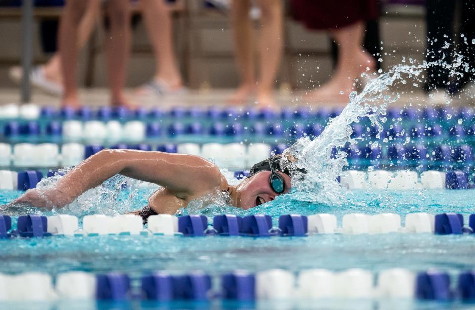 North's Ashley Freel swims the Girl's 200 Yard Freestyle during the 2024 Counsilman Classic Swimming & Diving Meet between the Bloomington North Cougars and Bloomington South Panthers at Bloomington High School South Natatorium on January 13, 2024