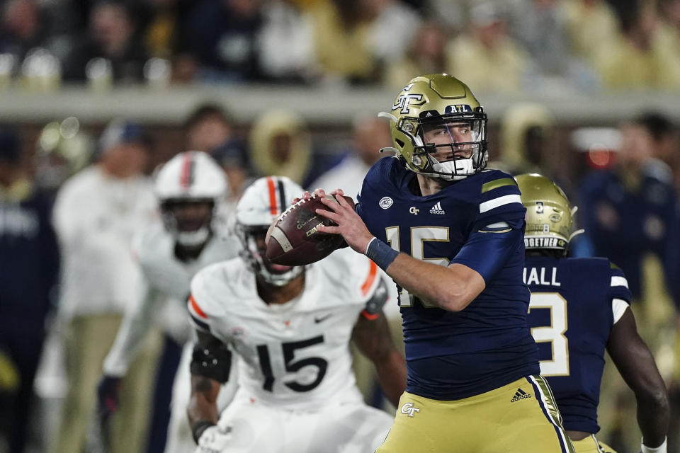 Georgia Tech quarterback Zach Gibson (15) looks for a receiver during the first half of the team's NCAA college football game against Virginia on Thursday, Oct. 20, 2022, in Atlanta. (AP Photo/John Bazemore)