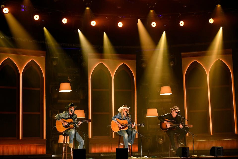 Miranda Lambert, Jack Ingram and Jon Randall perform at the Ryman Auditorium during the 56th ACM awards in Nashville on Sunday, April 18, 2021.