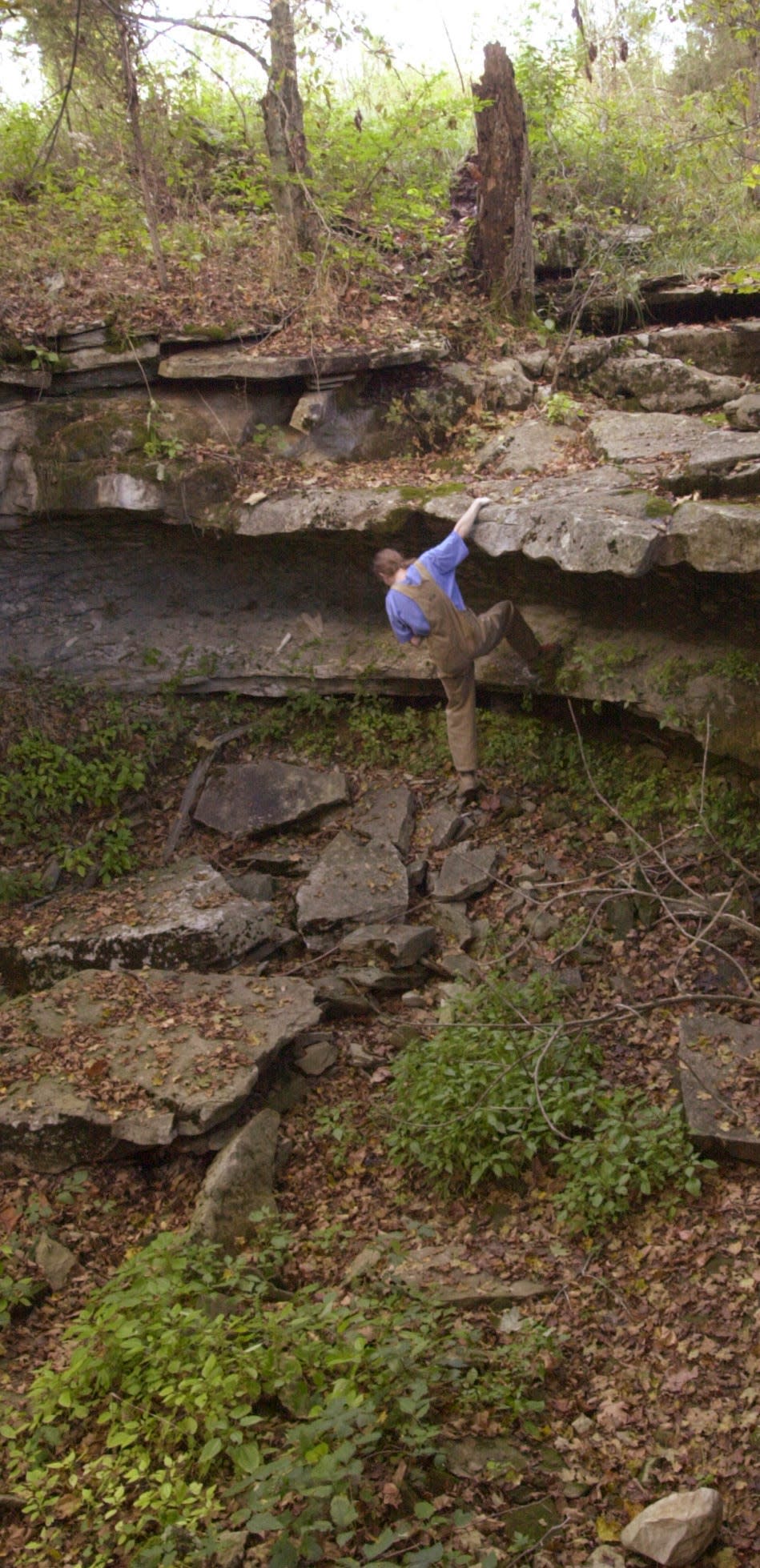 Molly Wright of Williams climbs down the edge of a stone cliff at the Wesley Chapel Gulf, a unique area of the Lost River system that includes cave openings and a pool of the underground river's water that rises to the surface. Wright and others visited the site during a Lost River Conservation Association field trip.