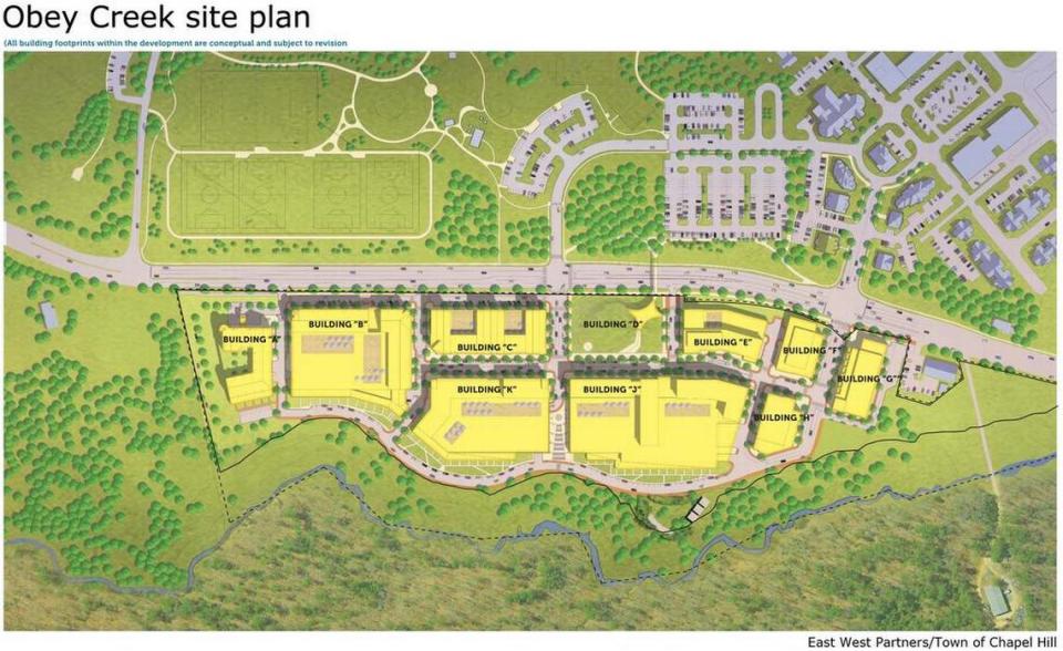 A June site plan for the Obey Creek development shows 10 buildings, small parks and new streets stretching across the 35-acre site. The 85-acre Wilson Creek Preserve is located at the bottom of the image, and Southern Village and the town’s park-and-ride lot are at the top.