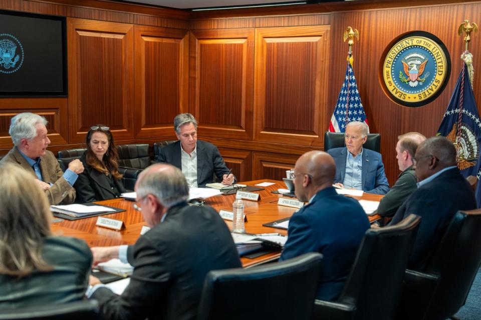 President Joe Biden meets with member of the National Security team regarding the unfolding missile attacks on Israel from Iran, Saturday, April 13, 2024, in the White House Situation Room. (Official White House Photo by Adam Schultz) (The White House)